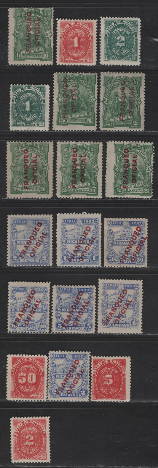 Lot 127 Nicaragua SC#J29-J30, J36-J39, J41, O1-O4. O6-O8, O12, O15-O16, O18-O20 1c - 10p Blue Green - Green Numerals & Overprints, 1891-1898 Officals & Postage Due Issues, 19 F/VFOG Singles