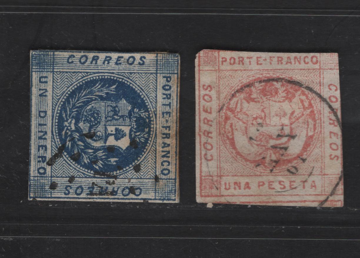 Lot 133 Peru SC#9c, 10 1d - 1p Blue - Rose Arms, 1860-1861 Arms Issue, 2 Ungraded Used Imperf Singles, Zig-Zag lines In Spandrels, Lines Broken At Angles On 1d, Sound, But Toned On 1d & Margins Slightly In
