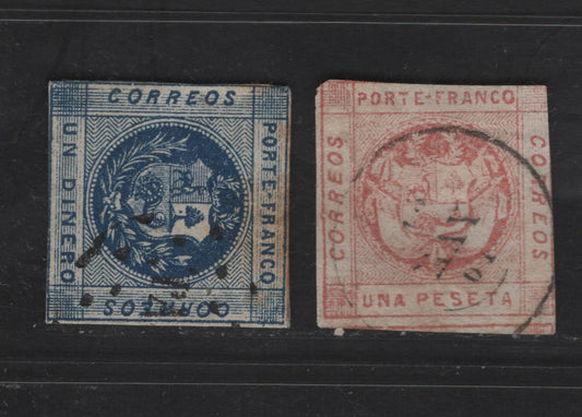 Lot 133 Peru SC#9c, 10 1d - 1p Blue - Rose Arms, 1860-1861 Arms Issue, 2 Ungraded Used Imperf Singles, Zig-Zag lines In Spandrels, Lines Broken At Angles On 1d, Sound, But Toned On 1d & Margins Slightly In