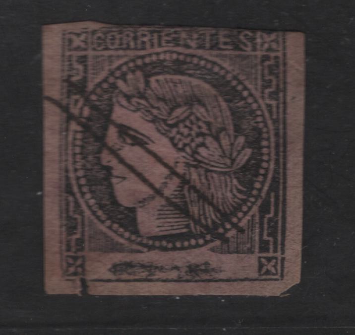 Lot 15 Argentina - Corrientes SC#7a 3c Black on Lilac Rose Ceres, 1860-1880 Ceres Head Issue, An Ungraded Used Imperf Single, Margins Just In At Top, Small Nick At LL, Corner Crease At UR