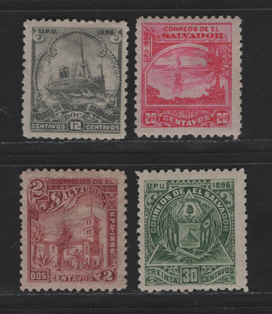Lot 151 El Salvador SC#157C, 157G, 157J, 157M 2c - 30c Lake - Dark Green Pictorials, 1896 Pictorial Seebeck Issue, 4 F/VFOG Singles, Unwatermarked, Original Printings On Thinner Horizontal Wove Paper