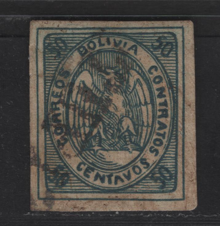 Lot 16 Bolivia SC#6a 50c Dark Blue Condor, 1867-1868 Condor Issue, A Very Good Used Single, Postal Cancel, Thin Which Does Not Show Through