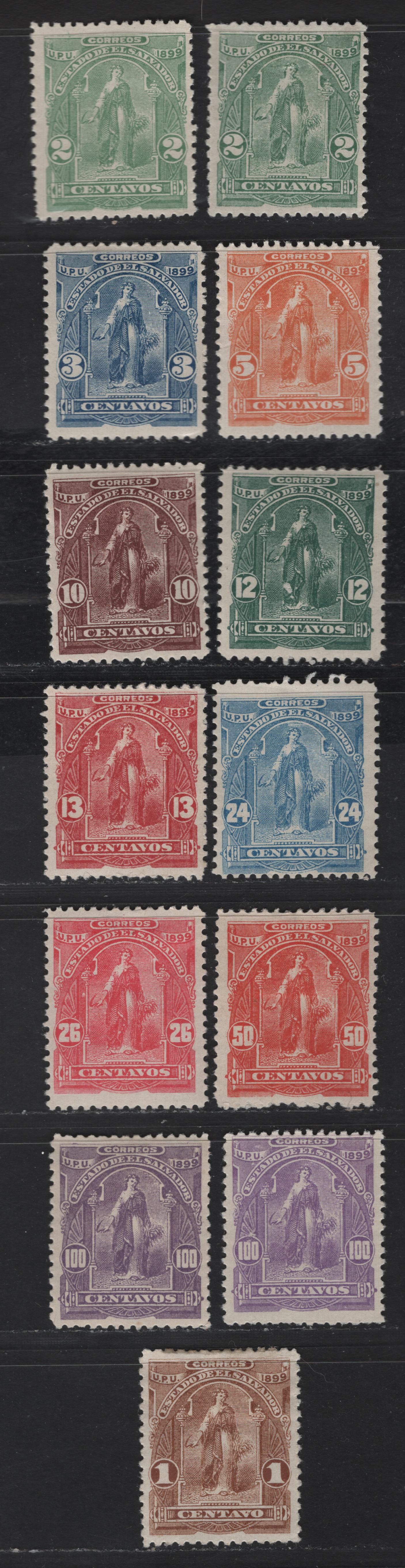 Lot 161 El Salvador SC#199/209 1c - 100c Brown - Violet Ceres, 1899 Ceres Issue, 13 F/VFOG & Unused Singles, Includes Shades, One 100c is Unused
