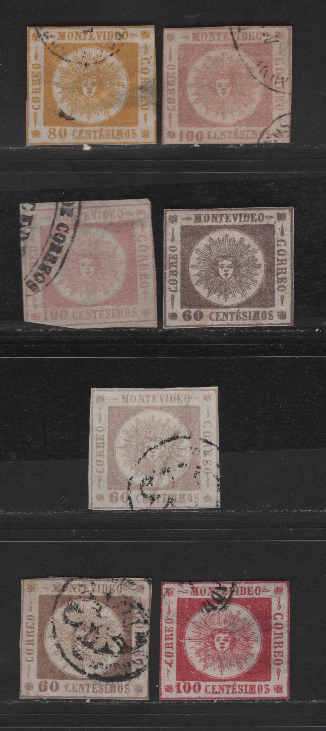 Lot 164 Uruguay SC#13, 13b-c, 14a, 15-a 60c - 100r Dull Lilac - Rose Sun Emblem, 1860 Sun Emblem Issue, 7 Ungraded Used Imperf Singles Thick Numerals, Generally Sound, Narrow To No Margins Of Thins, Ideal Space Fillers