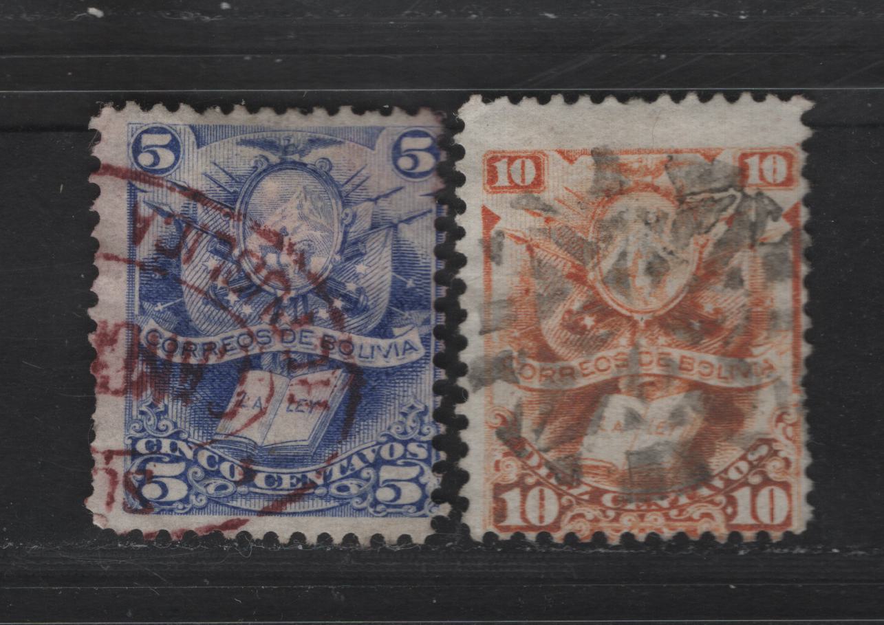 Lot 17 Bolivia SC#20-21 5c - 10c Ultramarine - Orange Arms & The Law, 1878 Arms & The Law Issue, 2 Very Good Used Singles, 10c Has A Nice Fancy Cork Cancel