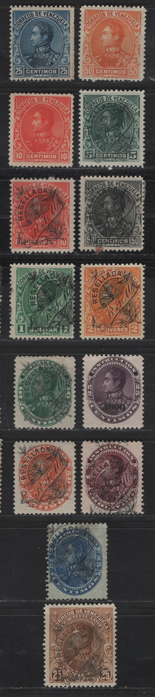 Lot 186 Venezuela SC#143-144, 146, 150-155, AR2-AR5, AR11, F2   Boliver -Resellada, 1899-1901 Bolivar Sidefaces & Overprints Issues, 14 F/VFOG & Unused Singles, 143, 144 & 146 Have No Gum