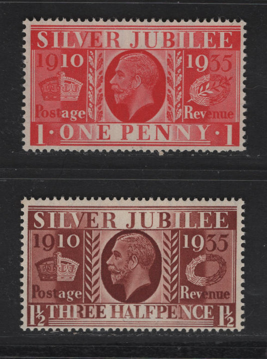 Lot 190 Great Britain SC#227-228 1d - 1.5d Scarlet - Red Brown King George V, 1935 Silver Jubilee Issue, 2 F/VFNH Singles