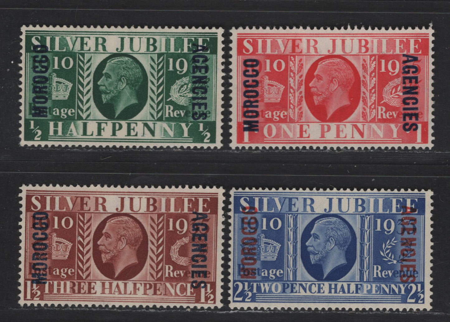 Lot 193 Morocco Agencies SC#226-229 1/2d - 2.5d Dark Green - Ultramarine King George V, 1935 Silver Jubilee Issue, 4 F/VFNH Singles, British Currency, Unlisted In Scott, But 100% Premium Would Seem Reasonable