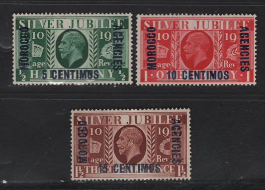 Lot 194 Morocco Agencies SC#67-69 5c - 15c Green - Red Brown King George V, 1935 Silver Jubilee Issue, 3 F/VFNH Singles, Spanish Currency