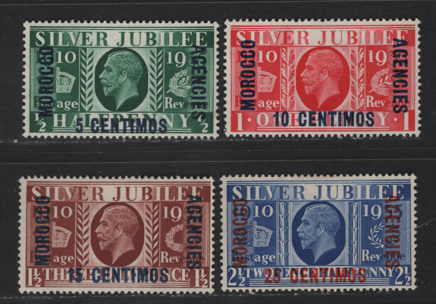 Lot 197 Morocco Agencies SC#67-70 5c - 25c Green - Ultramarine King George V, 1935 Silver Jubilee Issue, 4 F/VFOG Singles