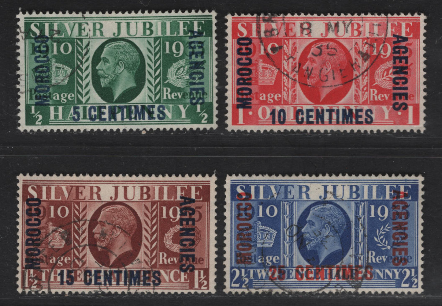 Lot 198 Morocco Agencies SC#422-425 5c - 25c Green - Ultramarine King George V, 1935 Silver Jubilee Issue, 4 Fine/Very Fine Used Singles, Postally Used French Currency