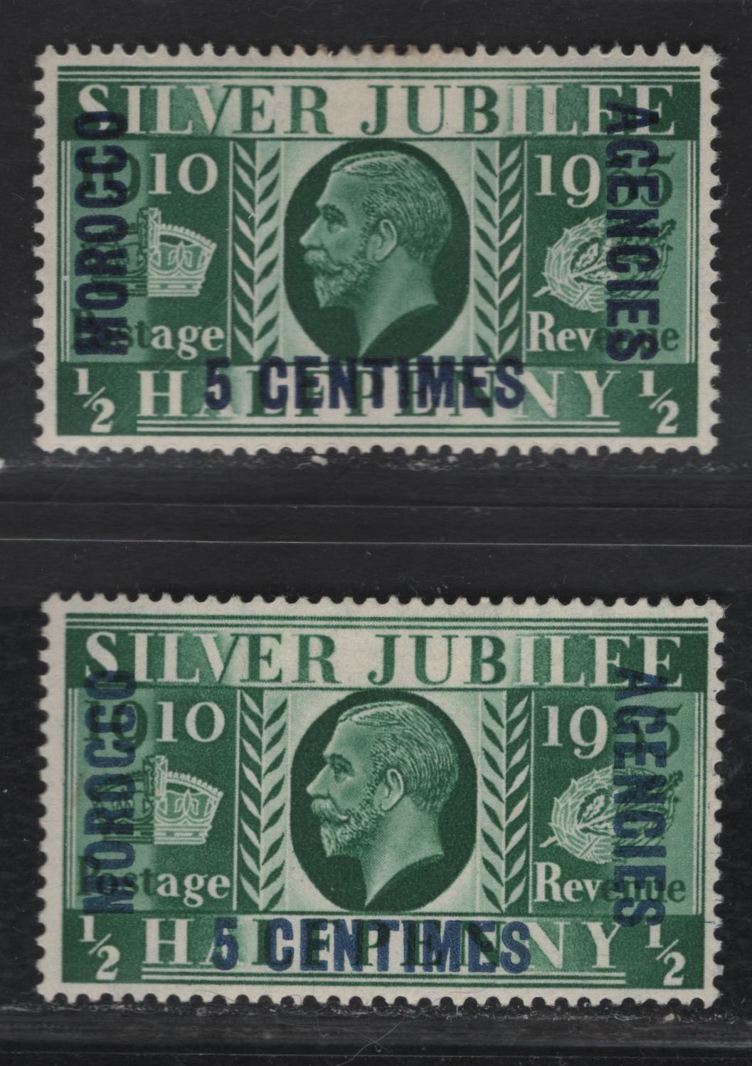 Lot 202 Morocco Agencies SC#422 & 422var 5c om 1/2d Green King George V, 1935 Silver Jubilee Issue, 2 VFOG Singles, Normal Dark Blue Surcharge With Much Lighter Blue One