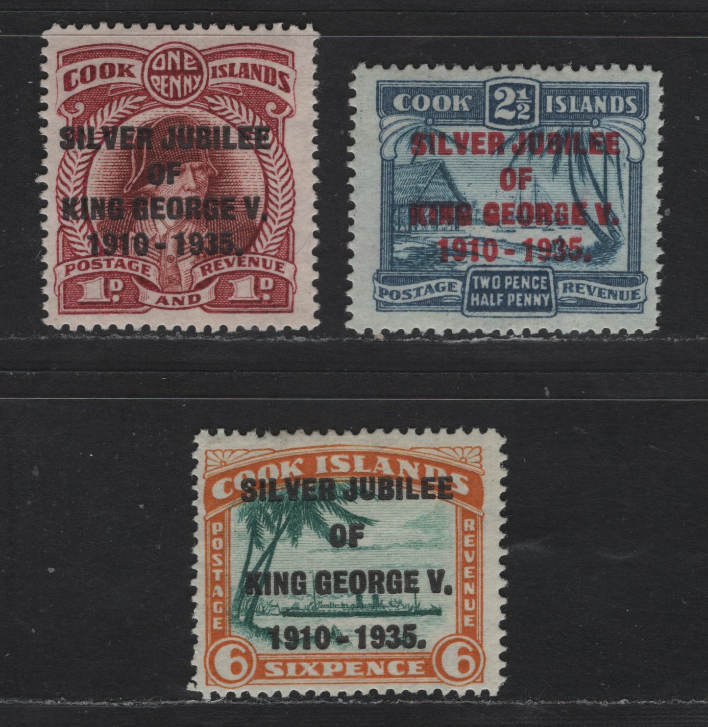 Lot 227 Cook Islands SC#98-100 1d - 6d Dark Carmine & Brown Red - Dull Orange & Green Captain Cook - RMS Monowai, 1935 Silver Jubilee Issue, 3 F/VFOG Singles
