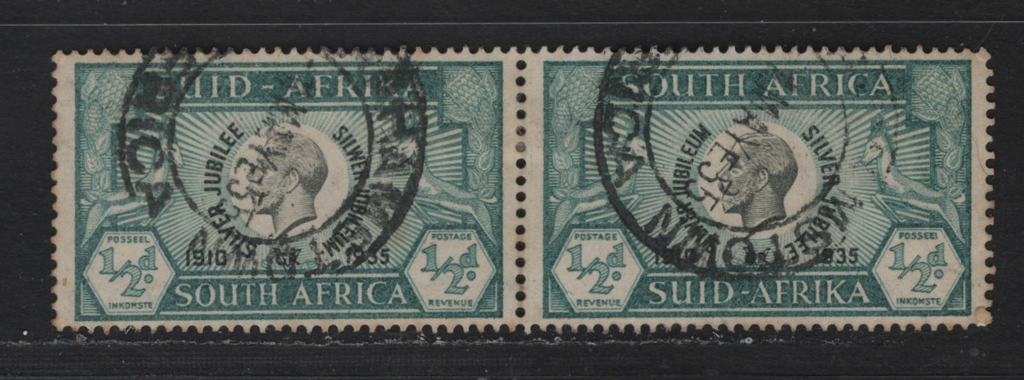 Lot 237 South Africa SC#68 1/2d Prussian Green & Black King George V, 1935 Silver Jubilee Issue, A Very Fine Used Pair, Postally Used