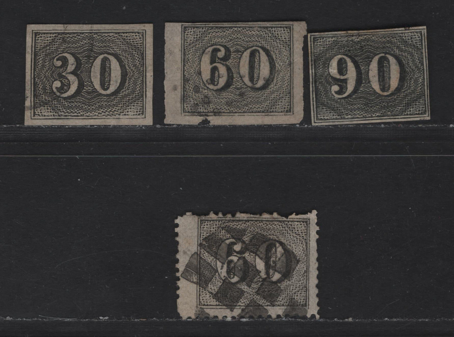 Lot 24 Brazil SC#23-25, 46 30r - 90r Black Cats Eyes, 1850-1866 Perforated & Imperf Cats Eyes Issues, 4 Very Good/Fine Used Singles
