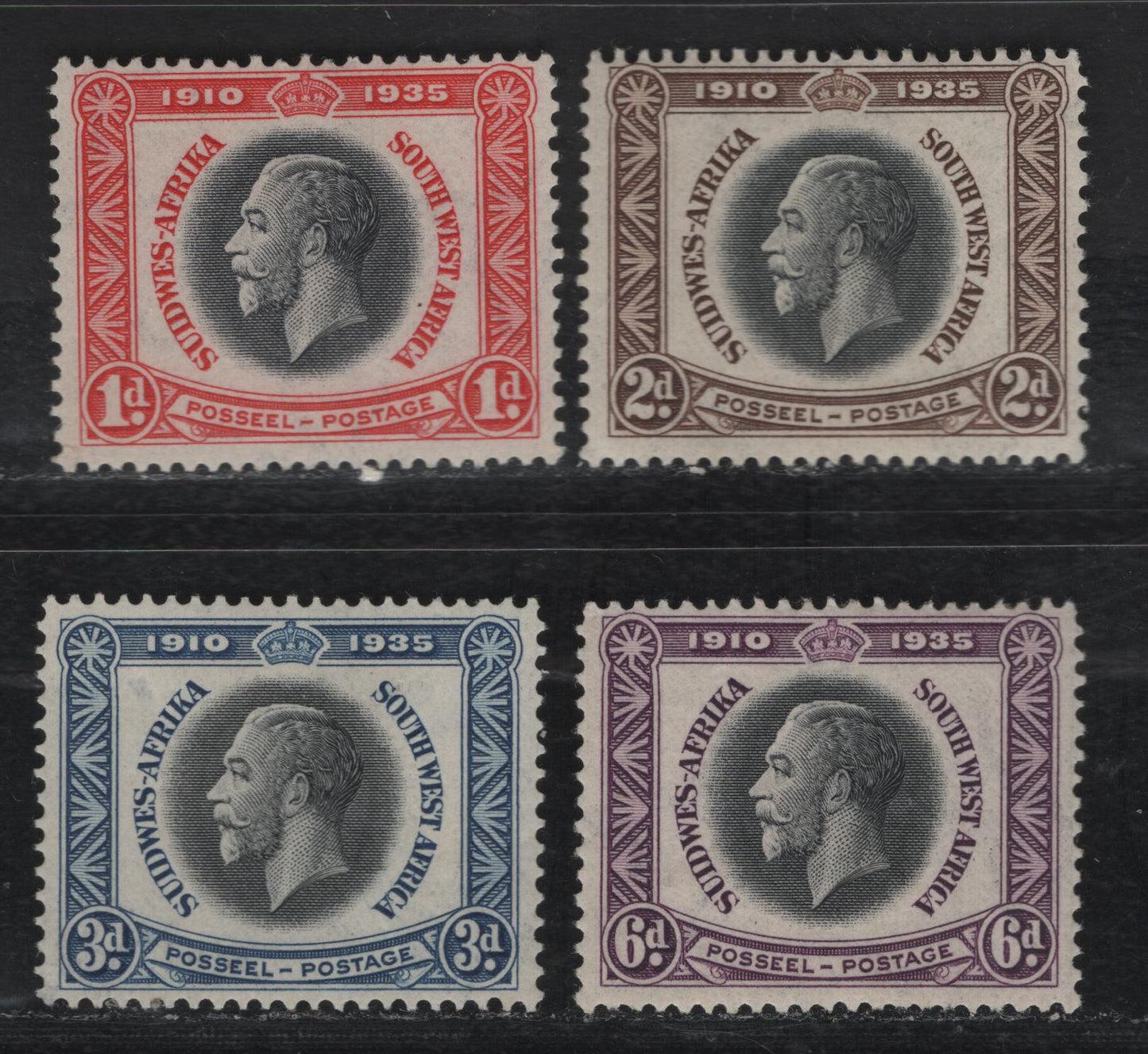 Lot 253 Southwest Africa SC#121-124 1d - 6d Carmine & Black - Violet & Black King George V, 1935 Silver Jubilee Issue, 4 F/VFOG Singles