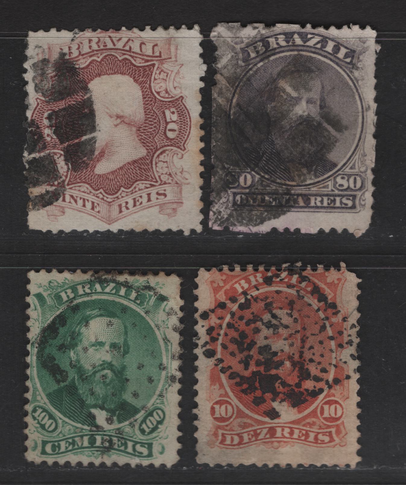 Lot 26 Brazil SC#53-54, 57-58 10r - 100r Vermillion - Blue Green Dom Pedro, 1866 Dom Pedro Issue, 4 Good/Very Good/Fine Used Singles, Perforated 100r Is Type 1, Small Tear on 80r