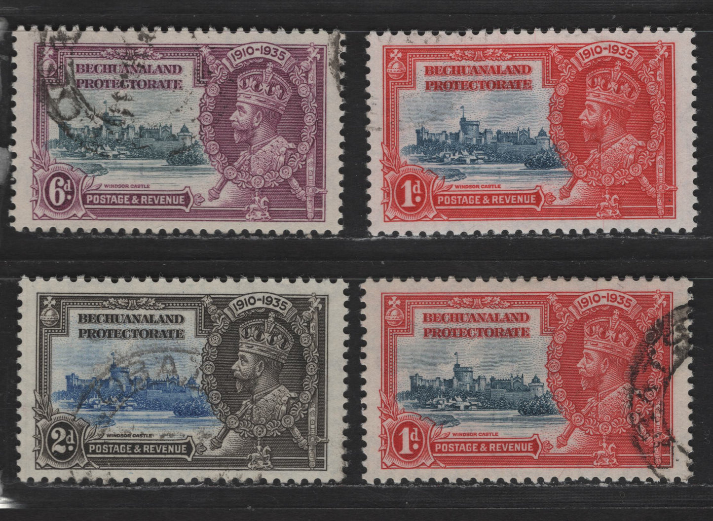 Lot 279 Bechuanaland Protectorate SC#1d - 6d 1d - 6d Carmine & Deep Gray Blue - Rose Purple & Gray Blue King George V & Castle, 1935 Silver Jubilee Issue, 4 Very Fine Used Singles