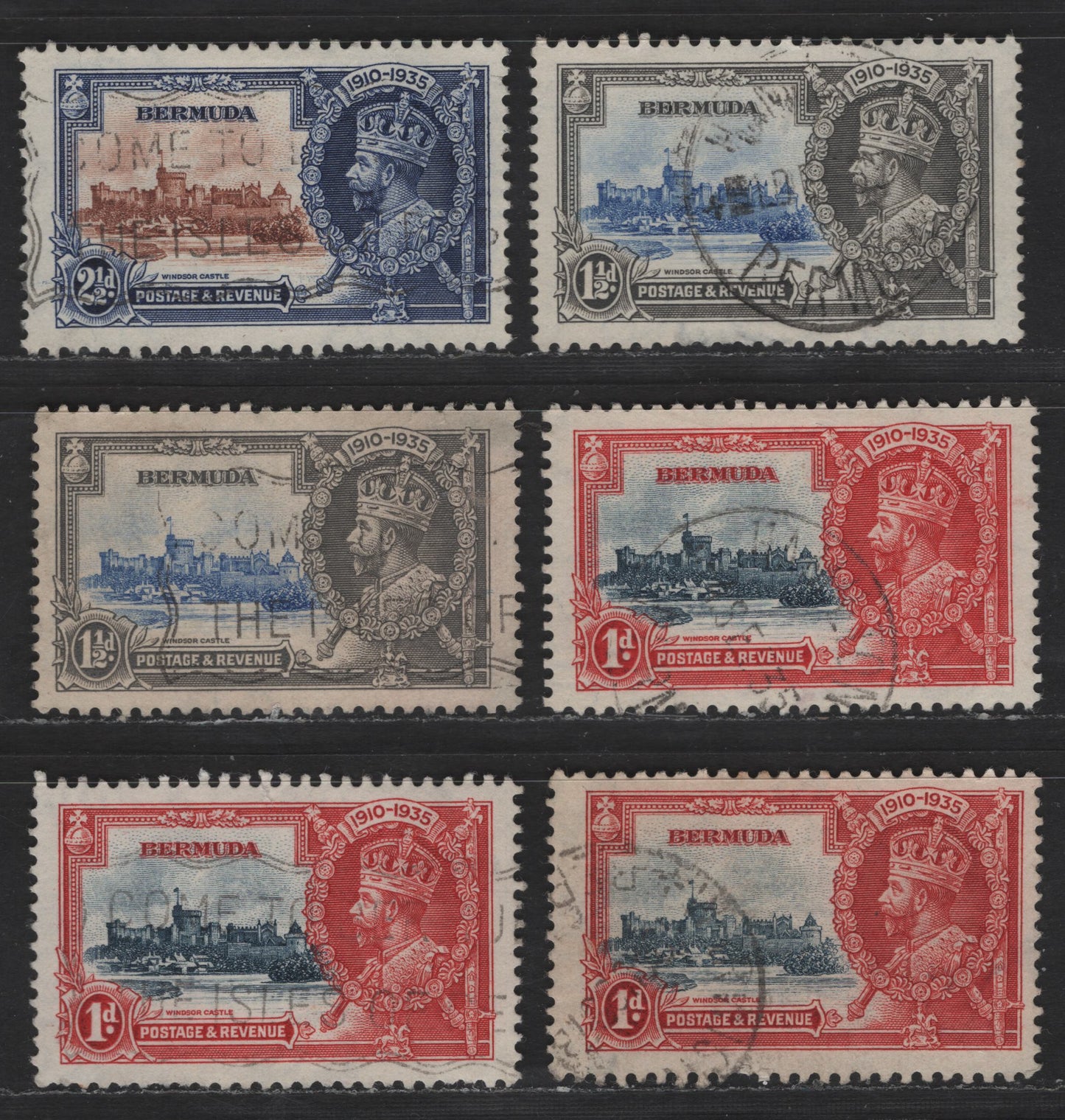 Lot 283 Bermuda SC#100-102 1d - 2.5d Carmine & Deep Gray Blue - Deep Blue & Brown King George V & Castle, 1935 Silver Jubilee Issue, 6 Fine/Very Fine Used Singles, Various Shades
