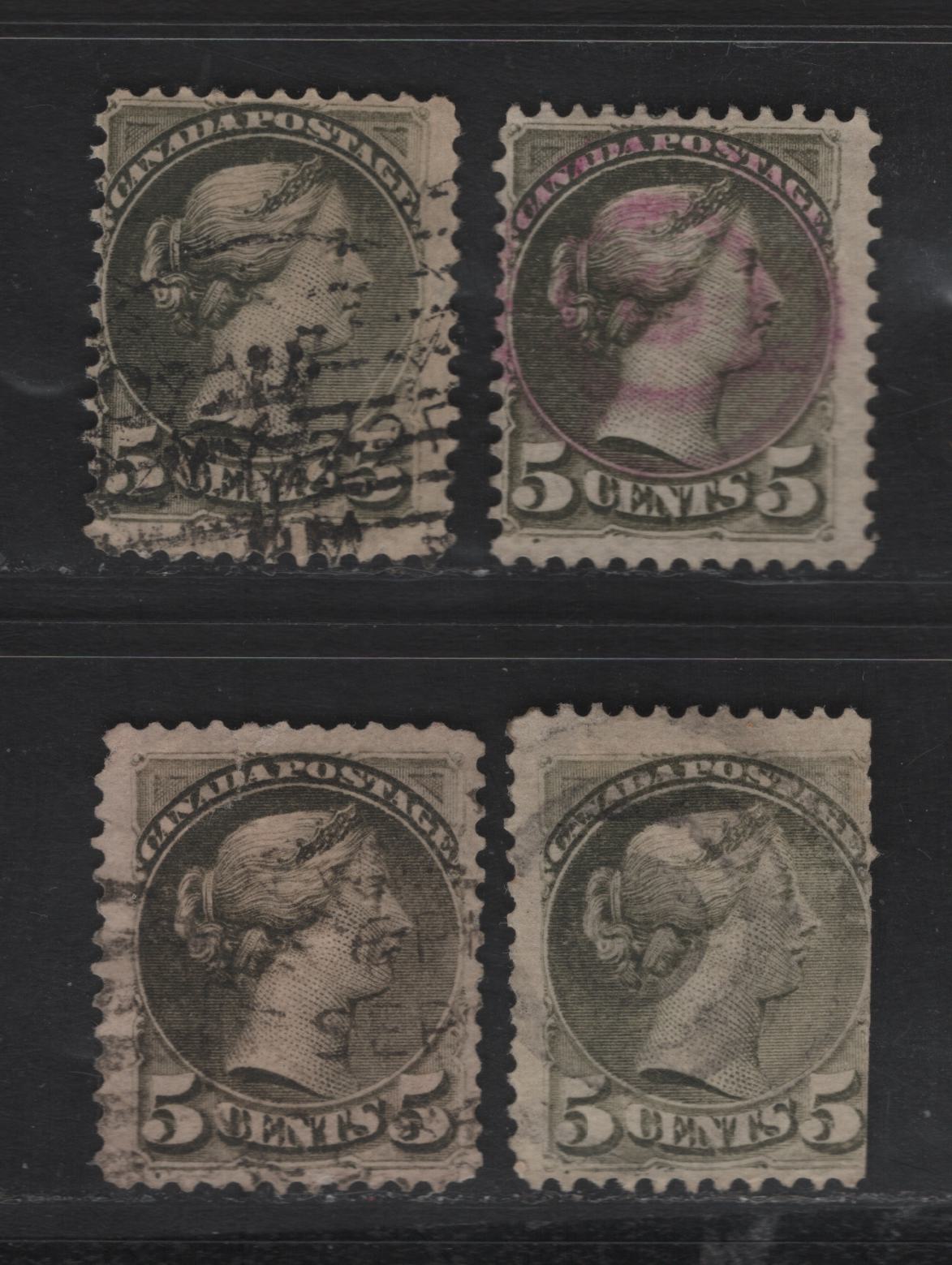 Lot 294 Canada SC#38, 38i 5c Slate Green & Deep Olive Green Queen Victoria, 1870-1893 Small Queen Issue, 4 Ungraded Used Singles, Reference Lot Of Mid-Montreal Printings, Plate Dots At LL, Pre-1880 Period, MM-D, MM-B & MM-I Papers, All With Faults