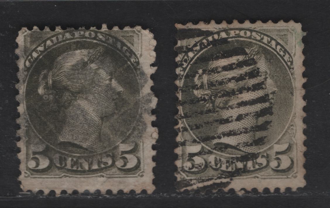 Lot 297 Canada SC#38 5c Slate Green Queen Victoria, 1870-1893 Small Queen Issue, 2 Ungraded Used Singles, Mid-Montreal Printings, MM-B & MM-D Papers, Without Plate Dots At LL, Small to Moderate Faults, Ideal For Reference
