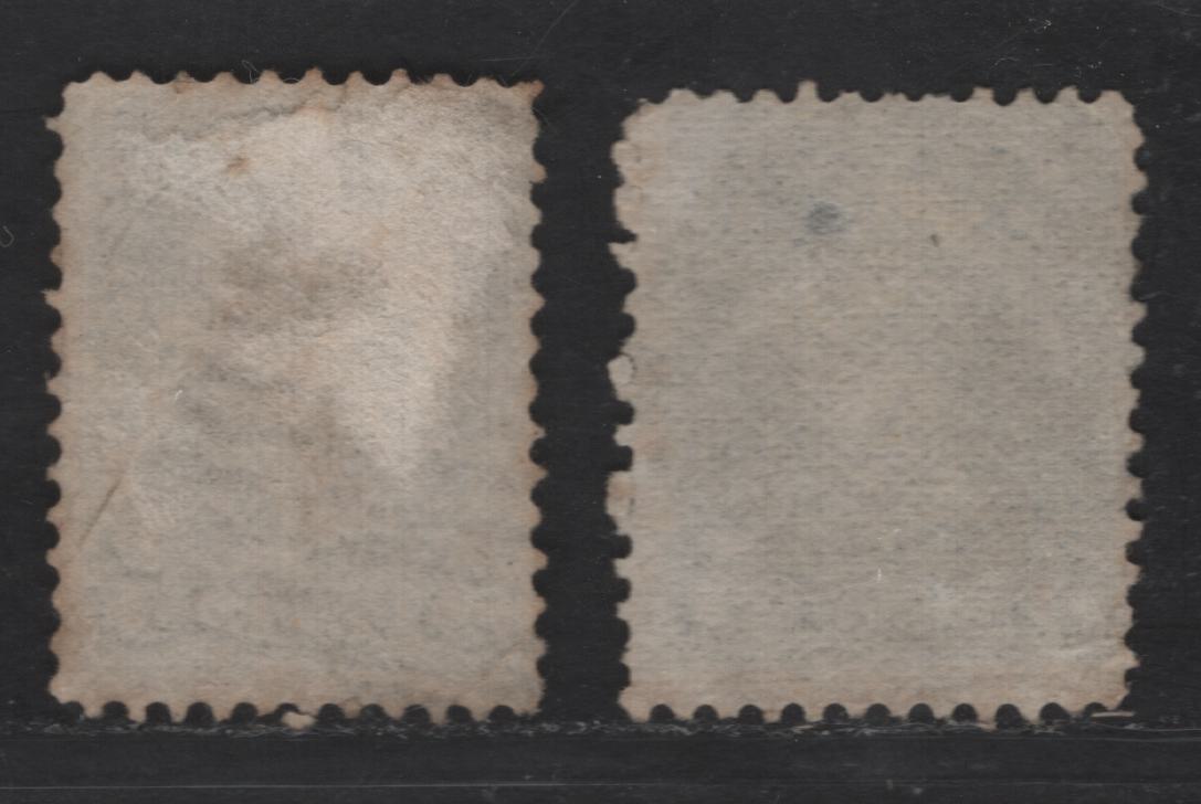 Lot 297 Canada SC#38 5c Slate Green Queen Victoria, 1870-1893 Small Queen Issue, 2 Ungraded Used Singles, Mid-Montreal Printings, MM-B & MM-D Papers, Without Plate Dots At LL, Small to Moderate Faults, Ideal For Reference
