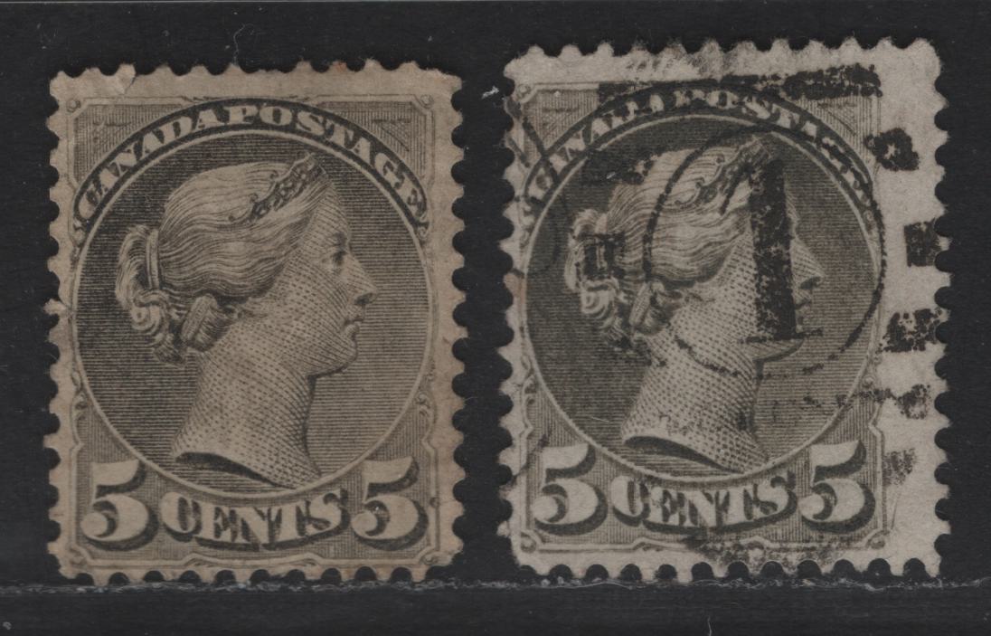 Lot 300 Canada SC#38 5c Greenish Gray Queen Victoria, 1870-1893 Small Queen Issue, 2 Very Good/Fine Used Singles, Late Montreal Printings, Very Clear Impression, No Plate Or Medallion Dots, Perfs 12.1x12 & 12, LM-J & LM-N