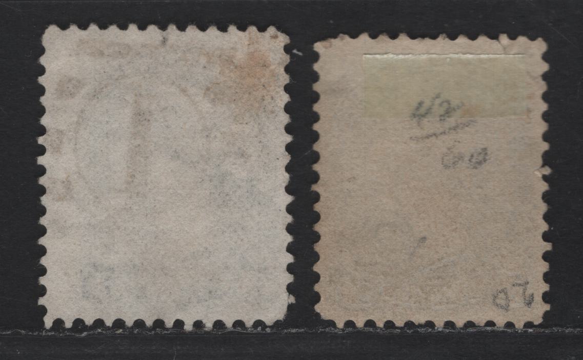 Lot 300 Canada SC#38 5c Greenish Gray Queen Victoria, 1870-1893 Small Queen Issue, 2 Very Good/Fine Used Singles, Late Montreal Printings, Very Clear Impression, No Plate Or Medallion Dots, Perfs 12.1x12 & 12, LM-J & LM-N