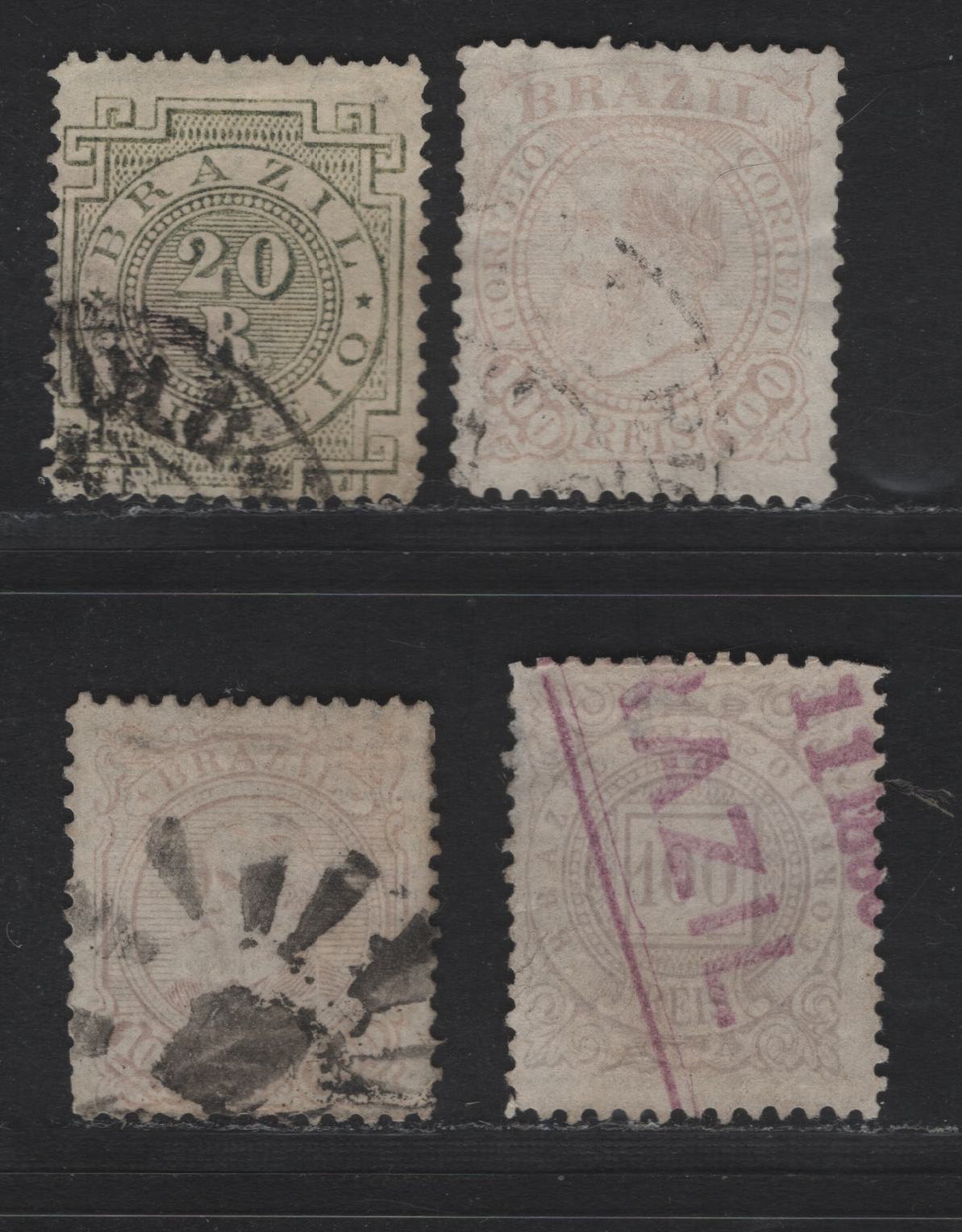 Lot 32 Brazil SC#87a, 90-92 20r - 100r Slate Green - Lilac Numeral - Dom Pedro, 1884-1885 Numerals & Dom Pedro Issues, 4 Fine Used SIngles, Dom Pedro Stamps On Laid Paper