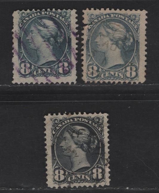 Canada  #44-44b 8c Violet Black, Blue Grey & Slate Blue Queen Victoria, 1870-1897 Small Queen Issue, 3 Ungraded Used Singles Shade & Paper Reference Lot, All Fauty, But On Papers 2O-B, 2O-D And 2O-R