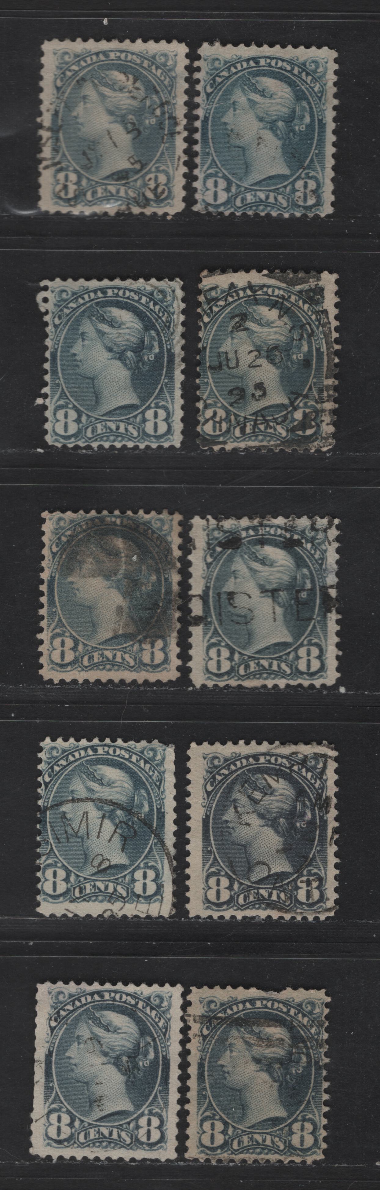 Lot 322 Canada  #44a-44b 8c Blue Grey, Blue, Slate, Slate Blue, Bluish Slate, Deep Slate & Blackish Slate, 9 Ungraded Used Singles Shade & Paper Reference Lot, All With Small To Moderate Faults, Papers 2O-L, 2O-N, 2O-P, 2O-E, 2O-J, 2O-N and 2O-R