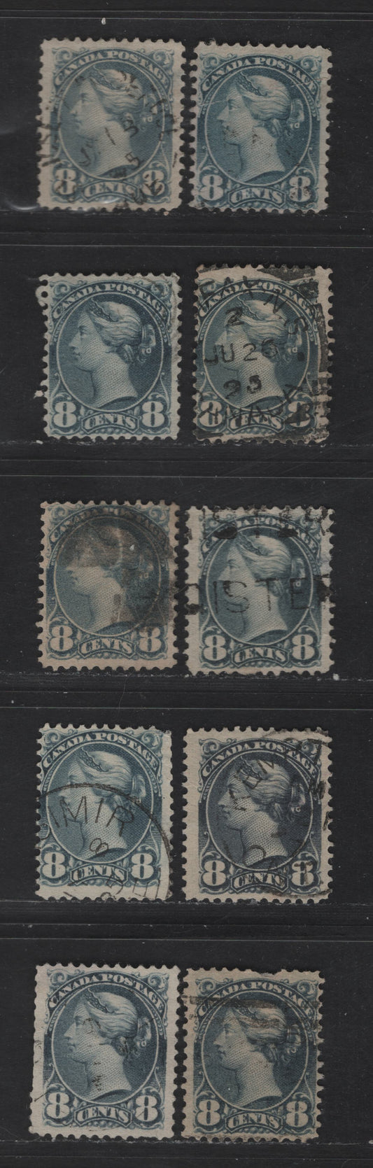 Lot 322 Canada  #44a-44b 8c Blue Grey, Blue, Slate, Slate Blue, Bluish Slate, Deep Slate & Blackish Slate, 9 Ungraded Used Singles Shade & Paper Reference Lot, All With Small To Moderate Faults, Papers 2O-L, 2O-N, 2O-P, 2O-E, 2O-J, 2O-N and 2O-R