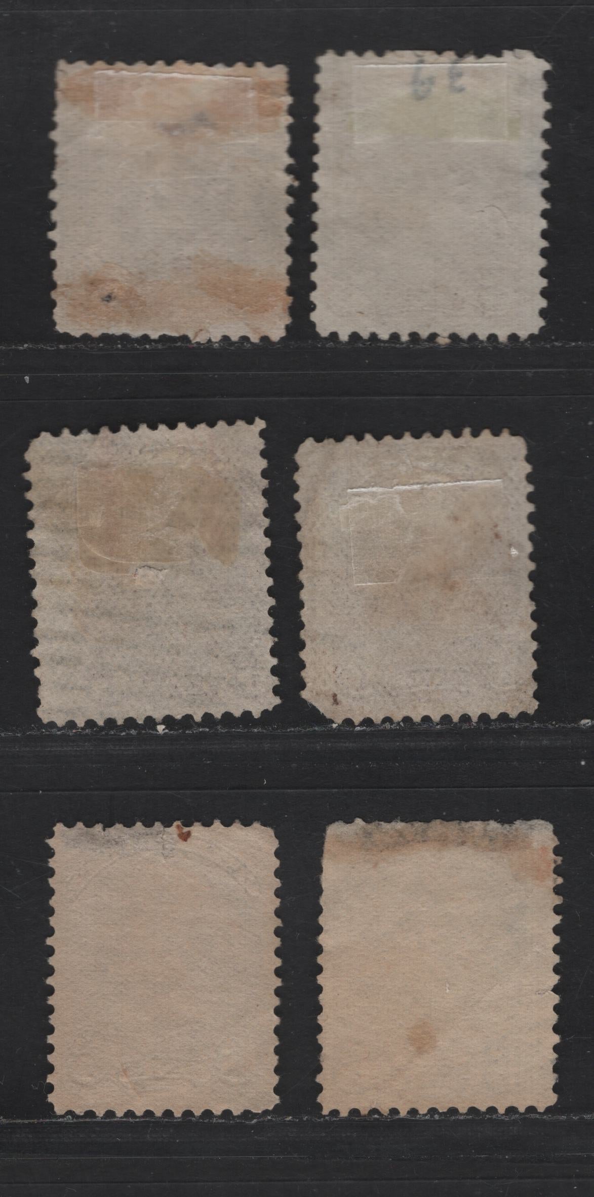 Lot 333 Canada  #39, 39d 6c Yellow Brown & Brown Queen Victoria, 1870-1897 Small Queen Issue, 6 Ungraded Used Singles Shade & Paper Reference Lot Of Early, Mid & Late Montreal Printings, All Perf. 12, Papers EM-A, MM-B, MM-D, LM-D & LM-G, All Faulty