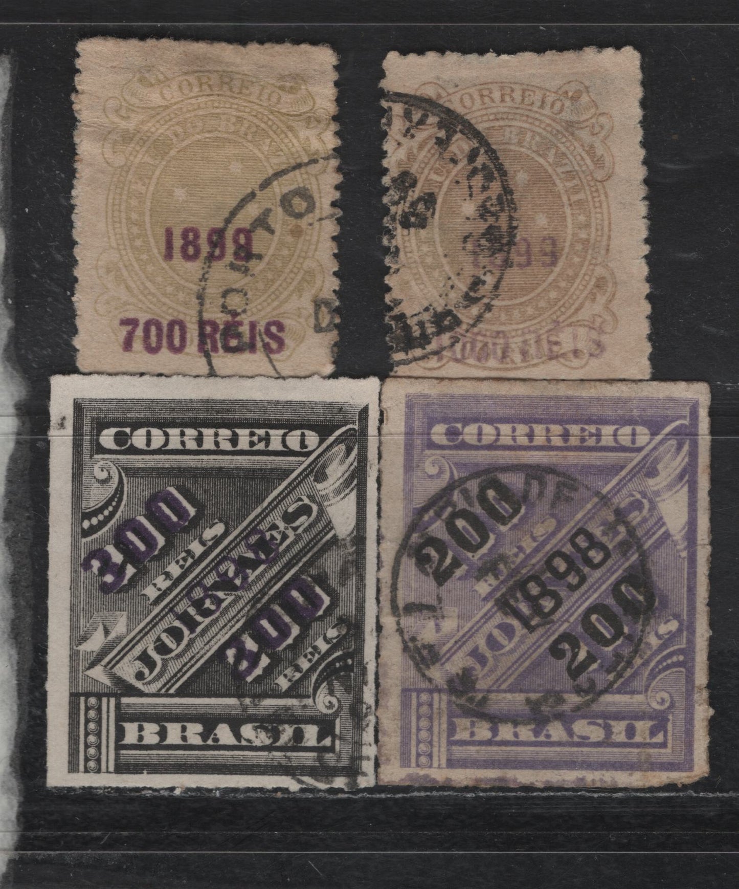 Lot 38 Brazil SC#131, 132, 155, 157 300r on 200r - 1000r on 700r Black - Fawn Numeral & Scroll - Portraits, 1898-1899 Surcharged Issues, 4 Fine Used Singles