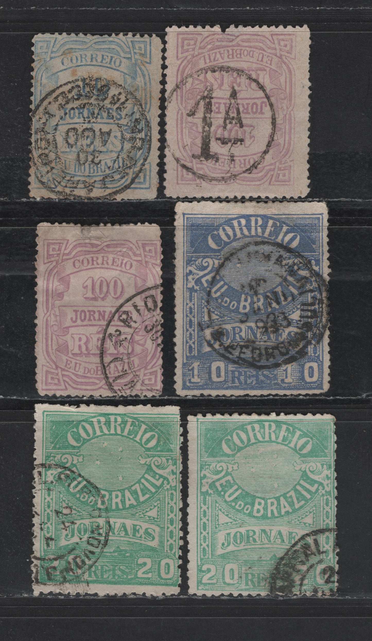 Lot 44 Brazil SC#P19, P21, P22e, P24a 100r - 20r Blue - Emerald Jornaes & Numeral, 1890-1893 Newspaper Issue, 6 Ungraded Used Singles, Various Perfs, Slight to Mild Faults