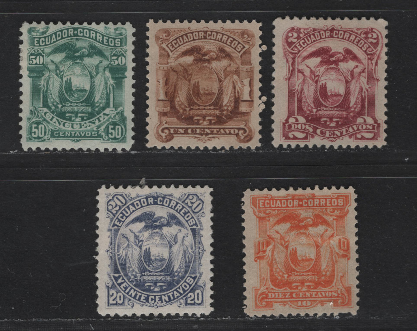 Lot 75 Ecuador SC#12-13, 15-17 1c - 50c Yellow Brown - Blue Green Arms, 1881 Arms Issue, 5 VFOG Singles