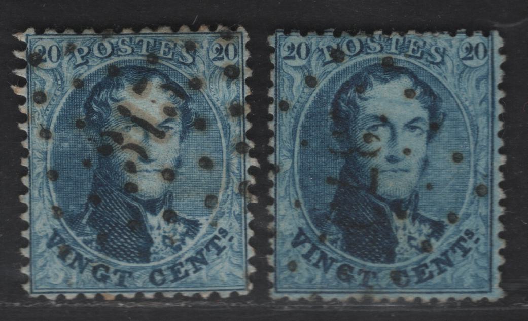 Lot 12 Belgium SC#15, 15c 20c Blue Leopold I, 1863 Leopold I Laureate Issue, 2 Very Good/Very Fine Used Singles, Perfs 14.5 & 12.5x13.5, Superbly Centered Examples, Light Diamond Dotted Numeral Cancels