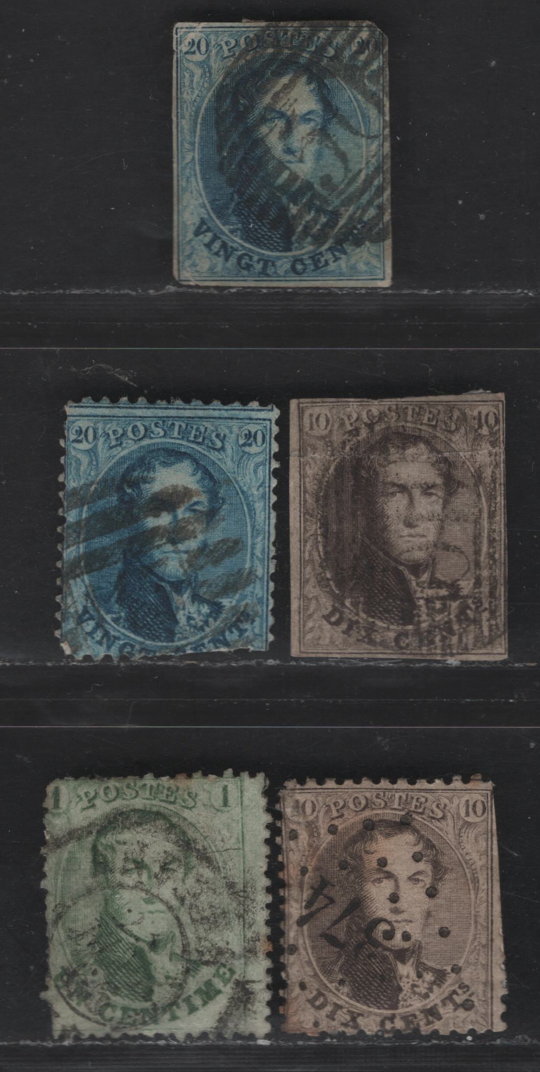 Lot 14 Belgium SC#10-11, 13, 14b, 15b 1c - 20c Green - Blue Leopold I, 1863 Leopold I Laureate Issue, 5 Ungraded Singles, All With Faults Except 1cm, Which Is Off Center, 17.5mm High Oval, Perfs 14.5 & 12.5x13.5