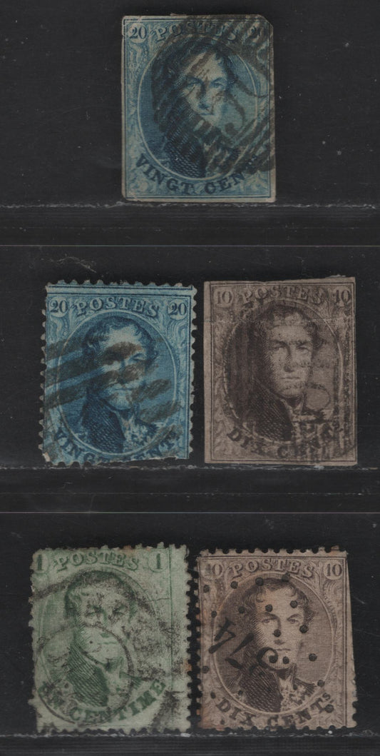 Lot 14 Belgium SC#10-11, 13, 14b, 15b 1c - 20c Green - Blue Leopold I, 1863 Leopold I Laureate Issue, 5 Ungraded Singles, All With Faults Except 1cm, Which Is Off Center, 17.5mm High Oval, Perfs 14.5 & 12.5x13.5