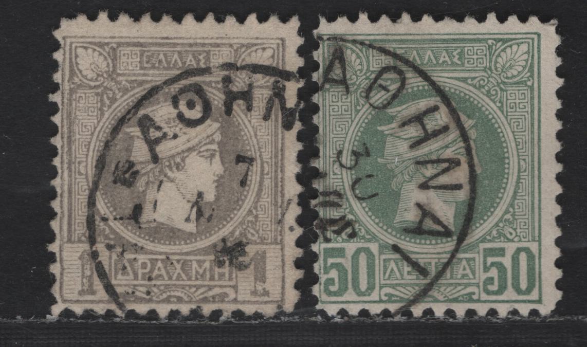 Lot 147 Greece SC#88, 116 50l - 1d Gray Green & Gray Hermes Head, 1891-1895 Small Hermes Head Issue, 2 Fine Used Singles, Perf 11.5, Brussels (50l) & Athens (1d) Prints