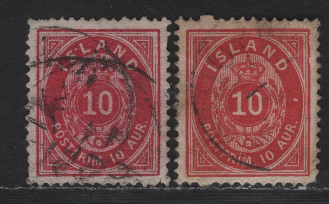 Lot 153 Iceland SC#11 10a Carmine Coat of Arms, 1876-1901 Arms Issue, 2 Very Fine Used Singles, Perf 14x13.5, Exceptonal Centering For This Issue, As Per Scott, VF Examples Are Noticeably Off-Center