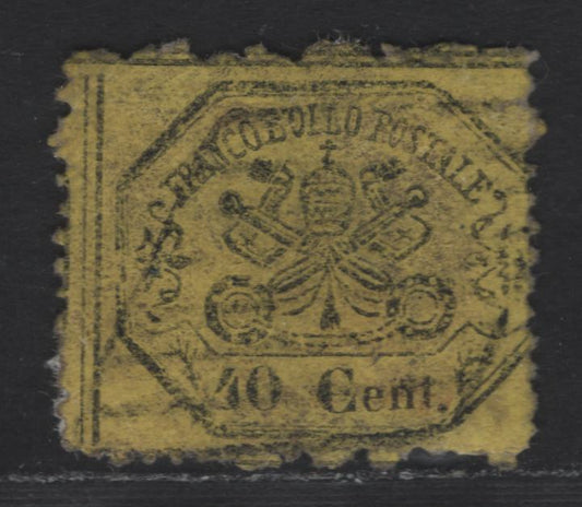 Lot 158 Italy - Roman States SC#24 40c Black on Greenish Yellow Papal Arms, 1868 Papal Arms Issue, A Very Good Used Single, Genuine Example as Evidenced By The Uninterrupted Horizontal Dividing Lines