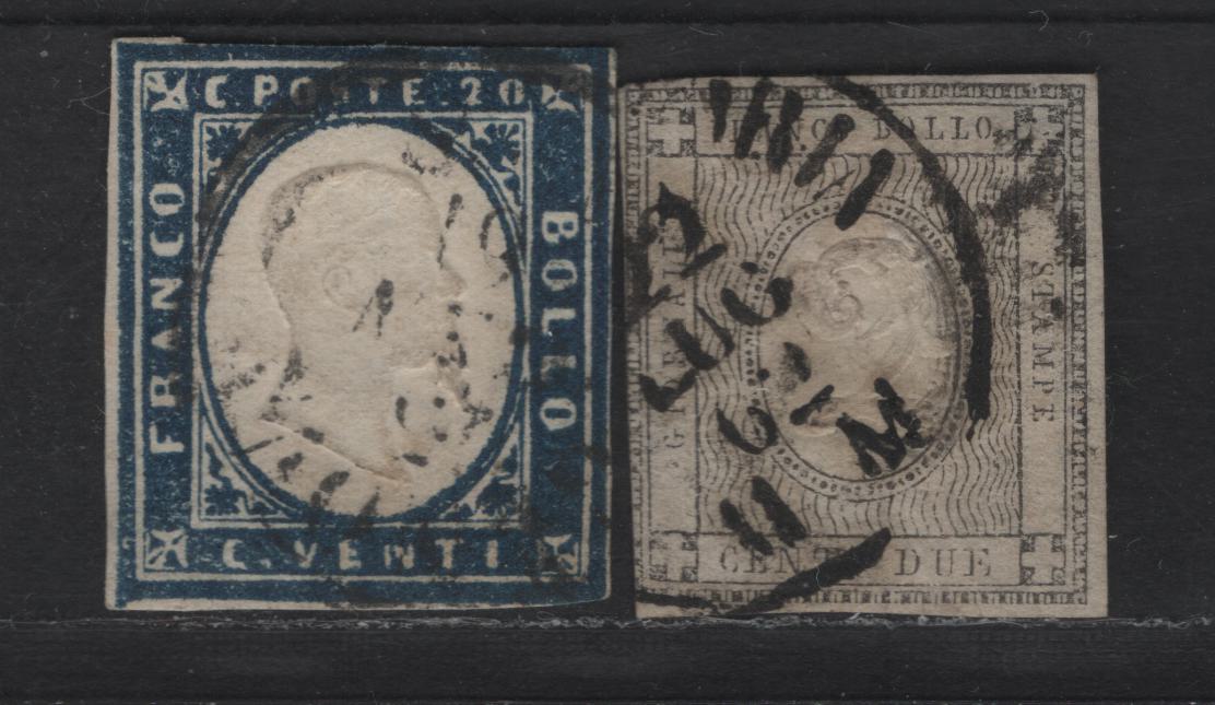 Lot 160 Italy - Sardinia SC#12a, P2 20c & 2c Blue & Gray Victor Emmanuel II, 1855-1863 Victor Emmanuel II & Newspaper Issues, 2 Good Used Imperf Singles, Sound Used Examples But Clear Of Design, Very Close on 20c, Just In At LL On P2