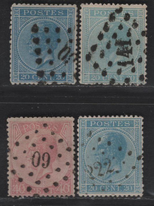 Lot 16 Belgium SC#19-a, 21a 20c - 40c Blue - Rose Leopold I, 1865-1866 Surface Printed Leopold Sidefaces Issue, 4 Fine/Very Fine Used Singles, Very Well Centered Exampls With Perfs Clear On All Sides, Perfs 15 & 14.5x14, Legible Numeral Cancels