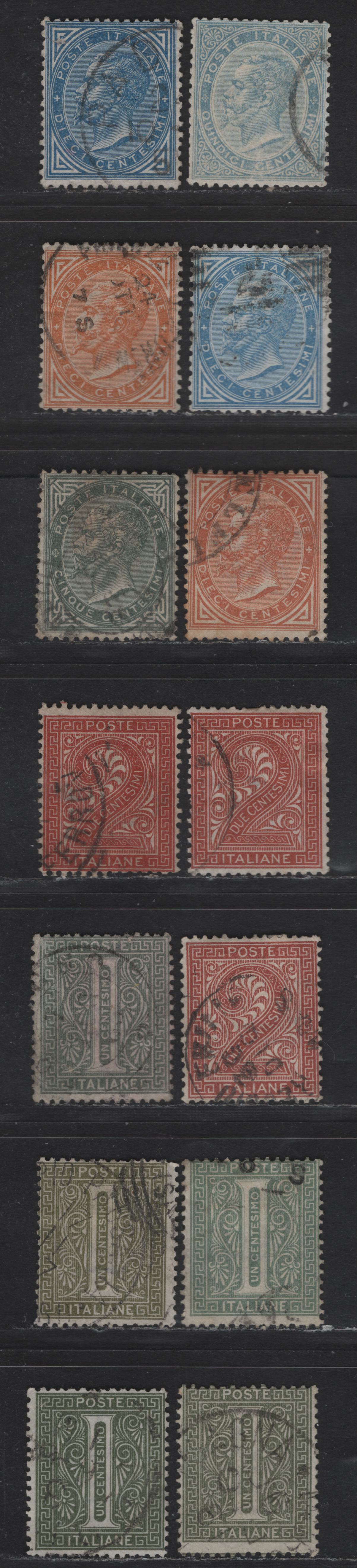 Lot 166 Italy SC#24-29 1c - 15c Gray Green - Blue Victor Emmanuel II & Numeral, 1863-1877 Victor Emmanuel II & Numeral Sidefaces Issue, 14 Fine Used Singles