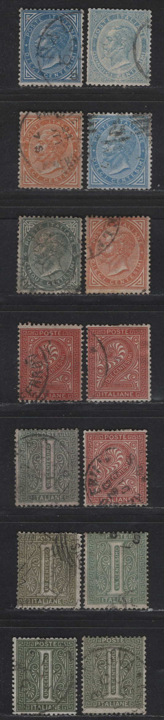 Lot 166 Italy SC#24-29 1c - 15c Gray Green - Blue Victor Emmanuel II & Numeral, 1863-1877 Victor Emmanuel II & Numeral Sidefaces Issue, 14 Fine Used Singles