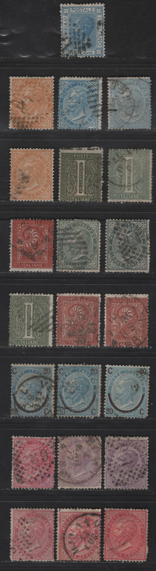 Lot 168 Italy SC#24-29, 31-32, 34, 34b, 35a 1c - 20c Gray Green - Blue Victor Emmanuel II, 1863-1877 Victor Emmanuel II Sidefaces Issue, 22 Ungraded Singles, Generally Good Or VG Examples, Short Perfs Or Small Faults