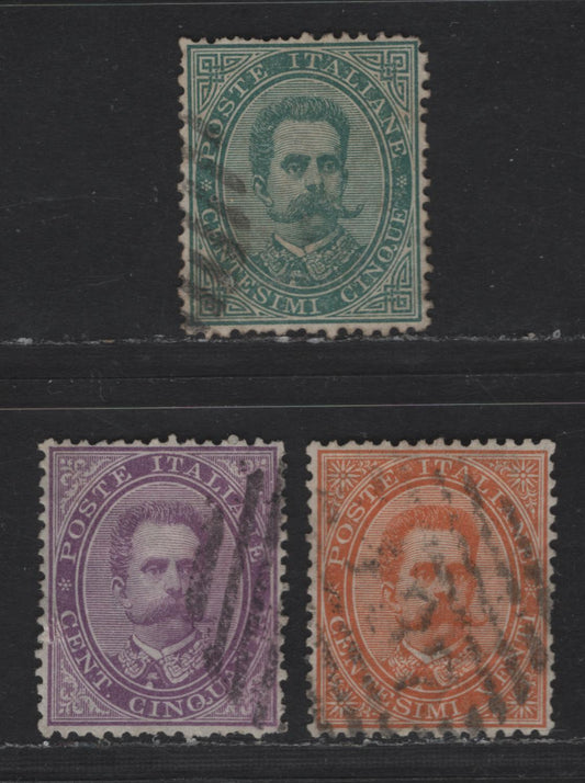 Lot 171 Italy SC#45, 47, 50 5c, 20c & 50c Blue Green, Orange & Violet Humbert I, 1879 Humbert I Issue, 3 Fine/Very Fine Used Singles Well Centered, Small Tear In Margin of 50c