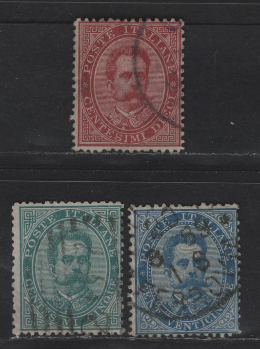 Lot 172 Italy SC#45-46, 48 5c, 10c & 25c Blue Green, Claret & Blue Humbert I, 1879 Humbert I Issue, 3 Fine Used Singles