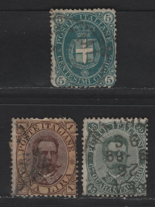 Lot 173 Italy SC#52, 54, 56 5c, 45c & 1l Dark Green, Gray Green and Brown & Yellow Humbert I, 1889 Humbert I Issue, 3 Good/Very Good Used Singles